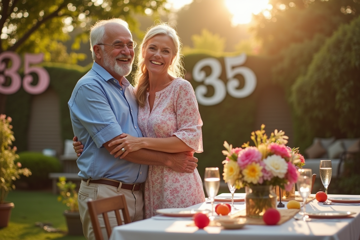 Couple de cinquantenaires dans un jardin en fête pour leur anniversaire