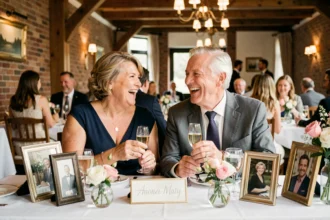 Couple de sexagénaires riant ensemble lors de leur fête de 40 ans de mariage autour d'une table décorée avec des flûtes de champagne