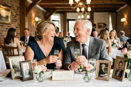 Couple de sexagénaires riant ensemble lors de leur fête de 40 ans de mariage autour d'une table décorée avec des flûtes de champagne