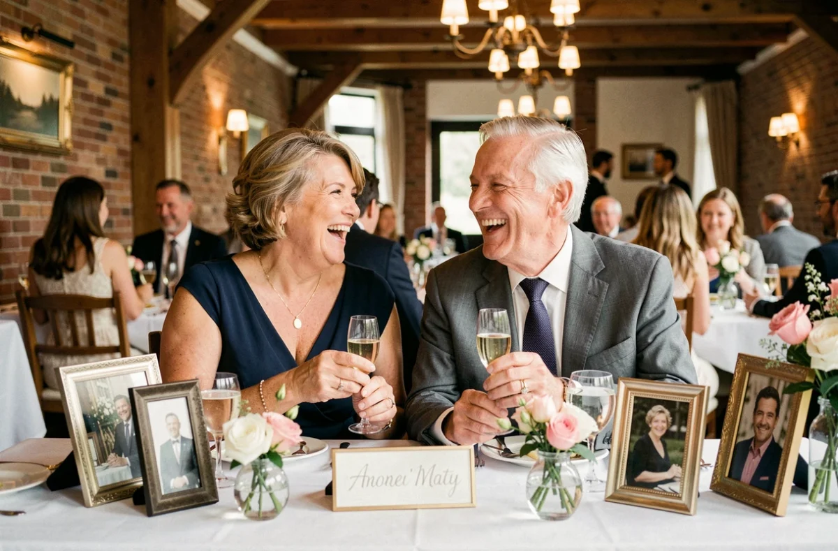 Couple de sexagénaires riant ensemble lors de leur fête de 40 ans de mariage autour d'une table décorée avec des flûtes de champagne