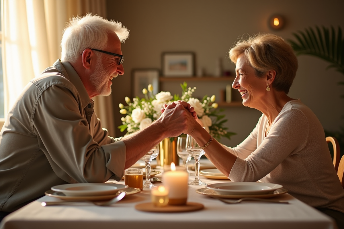 Couple mature riant lors d'un dîner d'anniversaire à la maison