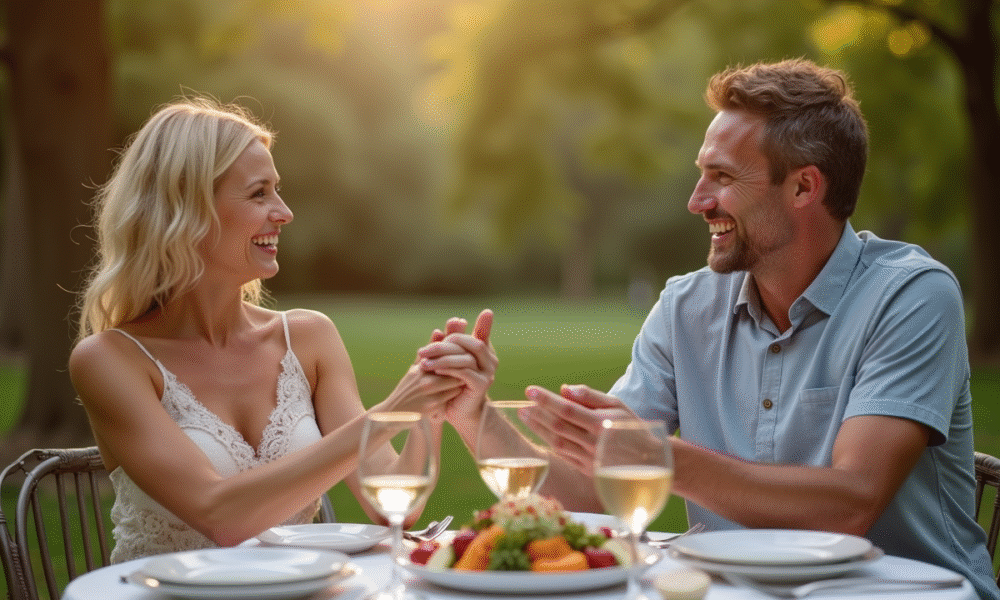 Couple heureux tenant main lors d'un anniversaire de mariage