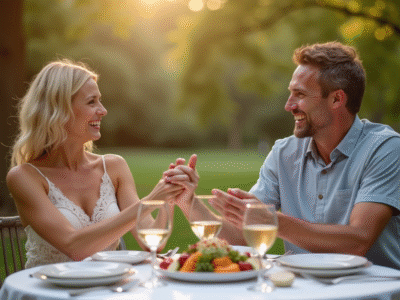 Couple heureux tenant main lors d'un anniversaire de mariage