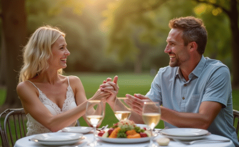 Couple heureux tenant main lors d'un anniversaire de mariage