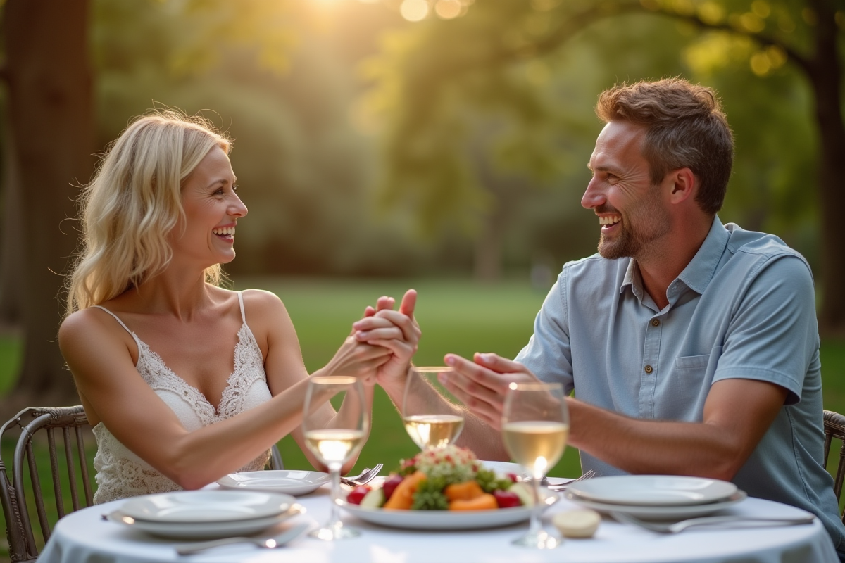 Couple heureux tenant main lors d'un anniversaire de mariage