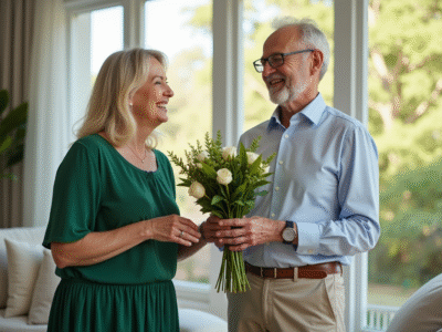 Couple mature célébrant leur anniversaire dans un salon lumineux