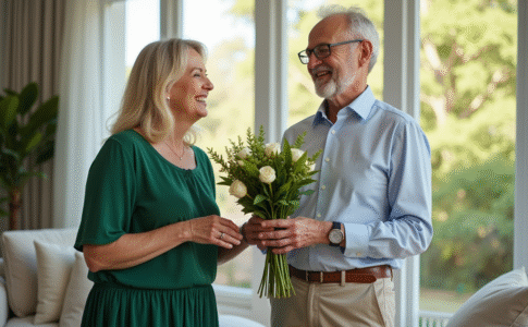 Couple mature célébrant leur anniversaire dans un salon lumineux
