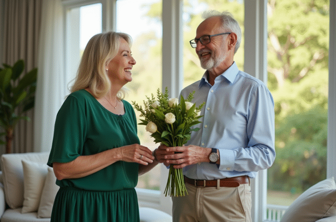 Couple mature célébrant leur anniversaire dans un salon lumineux