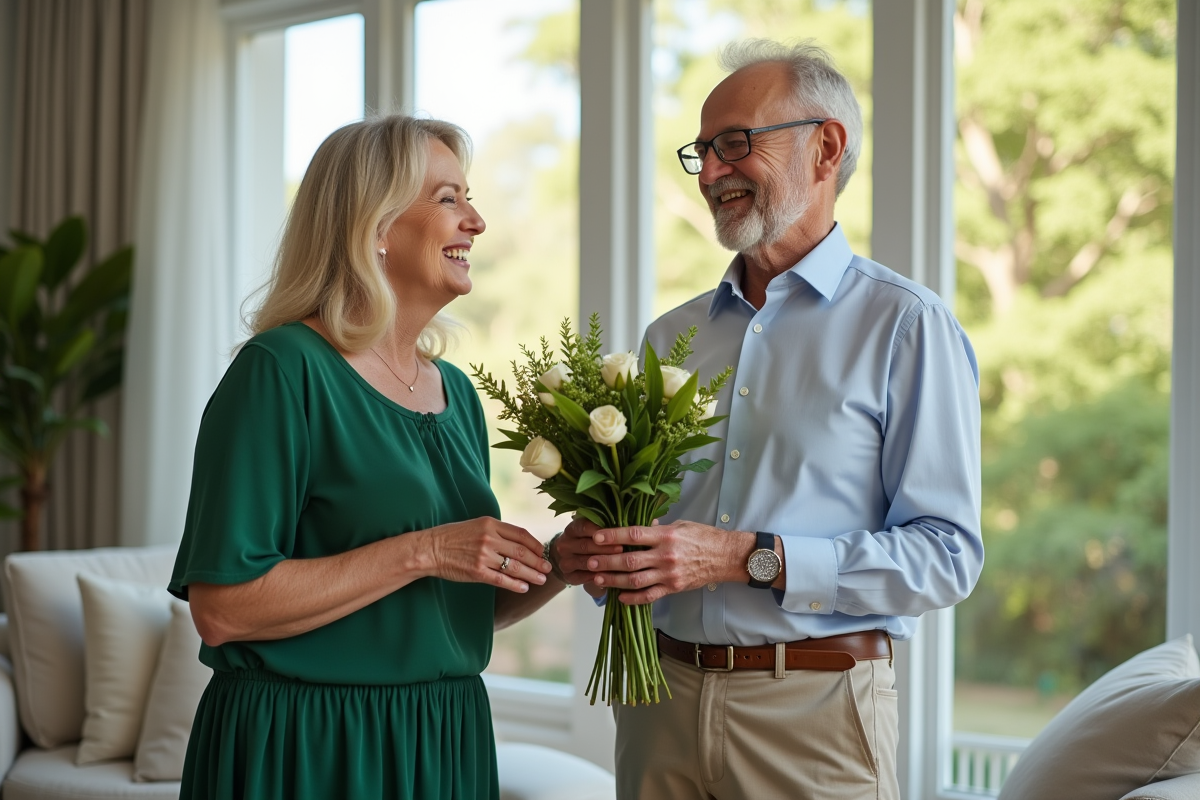 Couple mature célébrant leur anniversaire dans un salon lumineux