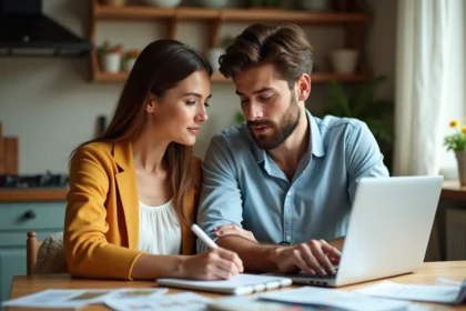 Jeune couple planifiant leur lune de miel à la maison