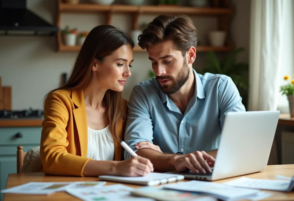 Jeune couple planifiant leur lune de miel à la maison