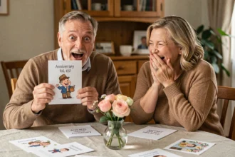 Couple d'âge mûr riant ensemble en lisant une carte d'anniversaire de mariage humoristique à table