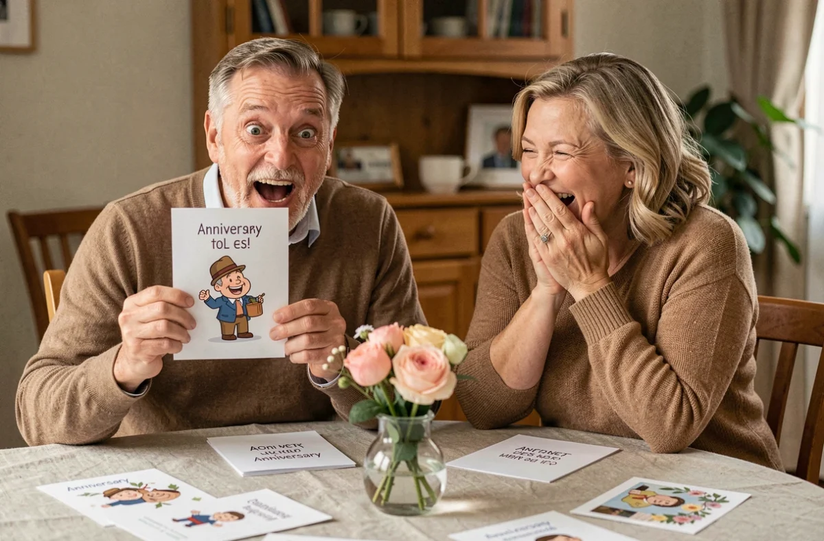Couple d'âge mûr riant ensemble en lisant une carte d'anniversaire de mariage humoristique à table