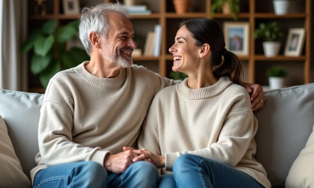 Couple souriant assis dans un salon chaleureux
