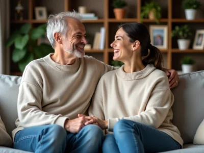Couple souriant assis dans un salon chaleureux