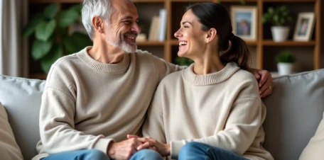 Couple souriant assis dans un salon chaleureux