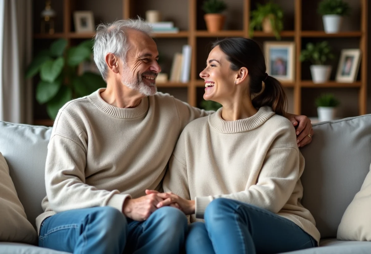 Couple souriant assis dans un salon chaleureux
