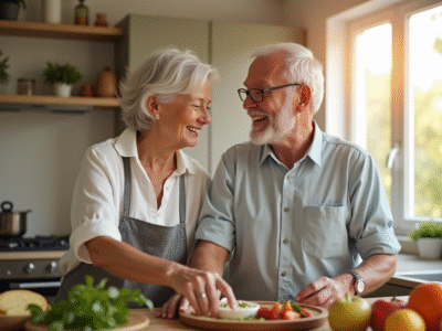 Couple de 50 ans souriant en cuisinant dans une cuisine lumineuse