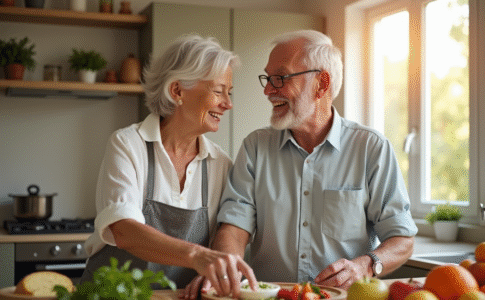 Couple de 50 ans souriant en cuisinant dans une cuisine lumineuse