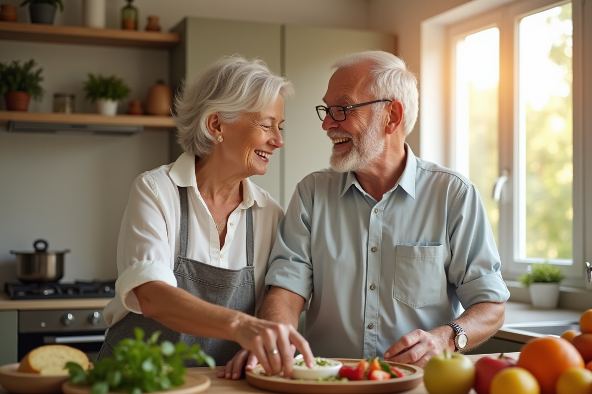 Couple de 50 ans souriant en cuisinant dans une cuisine lumineuse