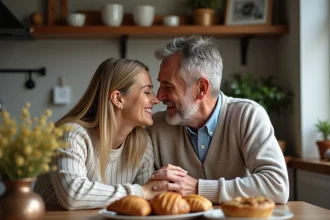 Couple dans leur cuisine partageant un moment chaleureux