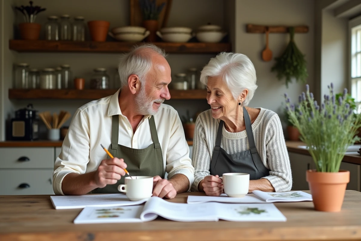 Couple feuilletant des catalogues de jardinage et des notes manuscrites autour d'une table en bois dans une cuisine française authentique