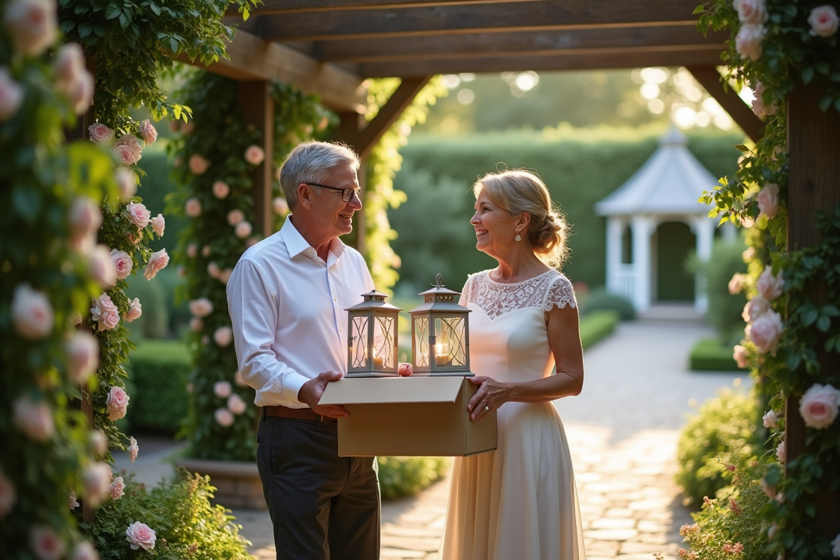 Couple souriant déballant des lanternes dans le jardin