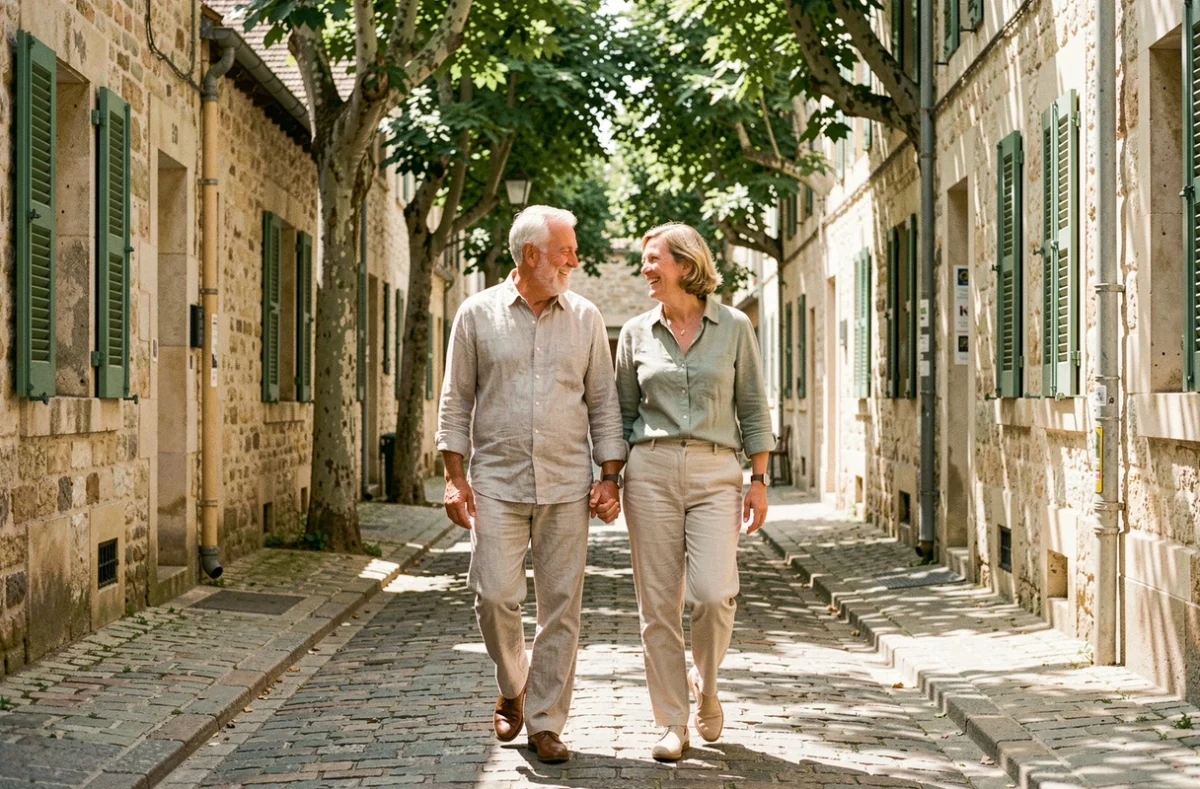 Couple discret se promenant main dans la main dans une ruelle pavée française, symbole d'une vie de couple protégée loin des projecteurs