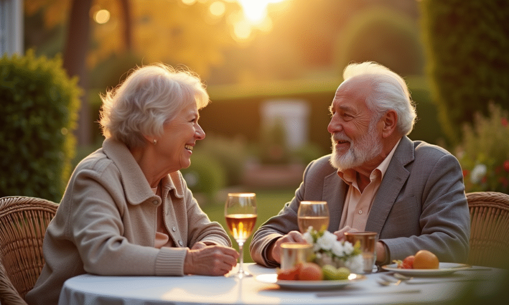 Couple âgé souriant dans un jardin ensoleillé
