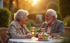Couple âgé souriant dans un jardin ensoleillé