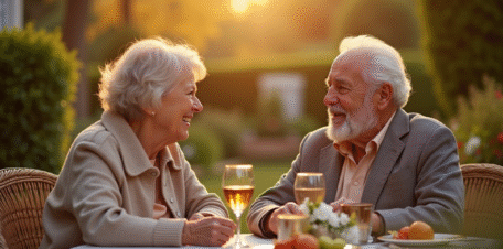Couple âgé souriant dans un jardin ensoleillé