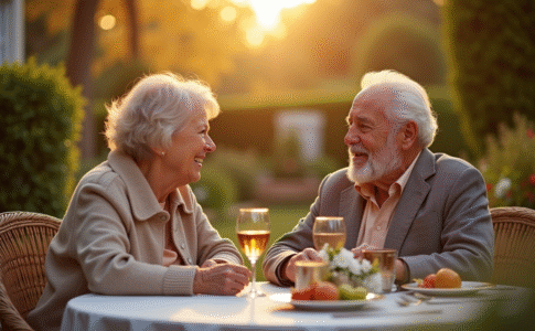 Couple âgé souriant dans un jardin ensoleillé