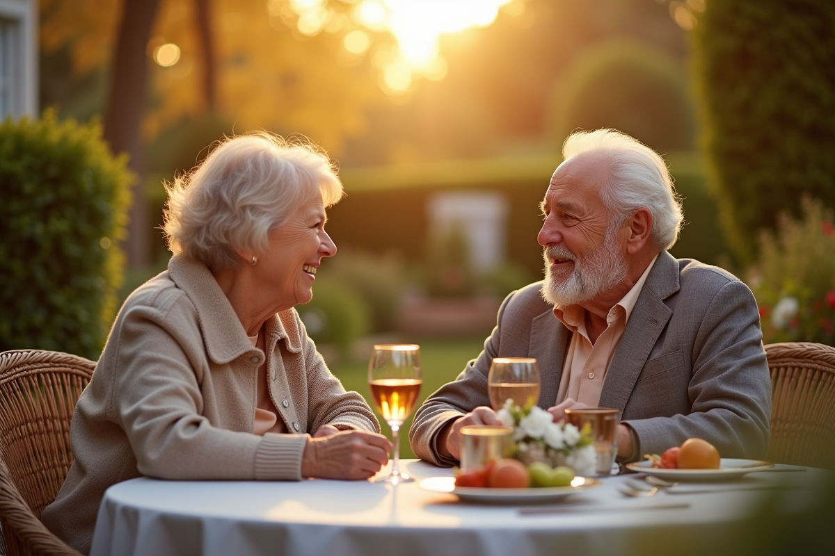 Couple âgé souriant dans un jardin ensoleillé