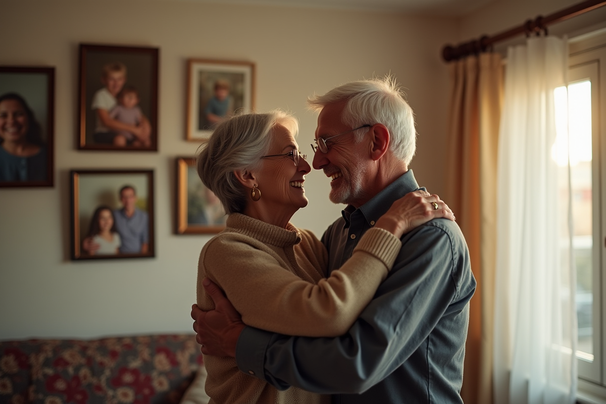 Couple de seniors dans leur salon chaleureux