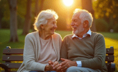 Couple de seniors assis sur un banc en plein air