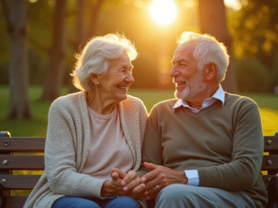 Couple de seniors assis sur un banc en plein air
