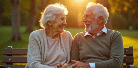 Couple de seniors assis sur un banc en plein air