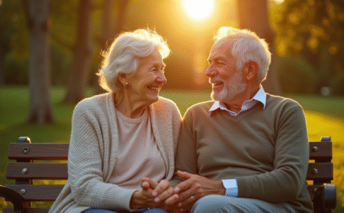 Couple de seniors assis sur un banc en plein air