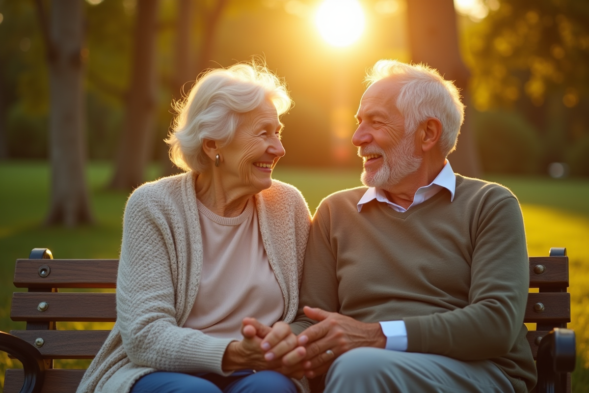 Couple de seniors assis sur un banc en plein air