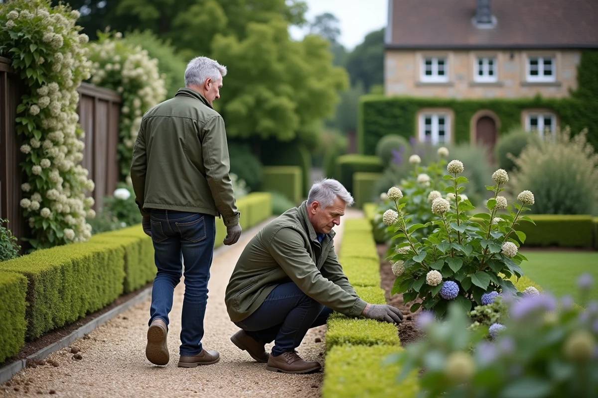 Homme et son partenaire inspectant une bordure de fleurs nouvellement plantée dans un jardin de style campagne française