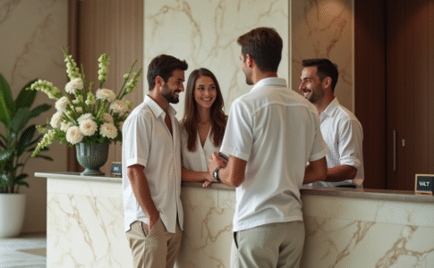 Jeune couple recevant une clé à la réception d'un hôtel de luxe