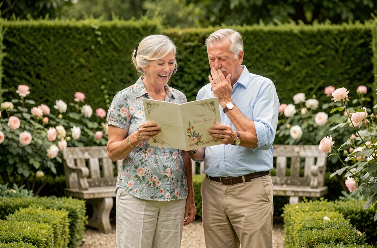 Couple de seniors s'amusant dans un jardin en lisant un texte humoristique pour célébrer leurs 40 ans de mariage