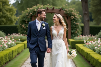 Jeune couple marié dans un jardin verdoyant en été