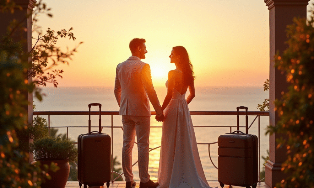 Jeune couple marié sur un balcon avec vue sur l'océan au coucher du soleil