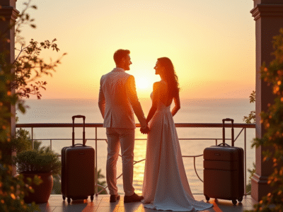 Jeune couple marié sur un balcon avec vue sur l'océan au coucher du soleil