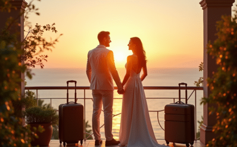 Jeune couple marié sur un balcon avec vue sur l'océan au coucher du soleil