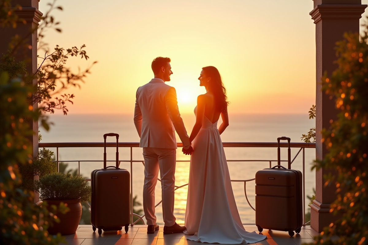 Jeune couple marié sur un balcon avec vue sur l'océan au coucher du soleil