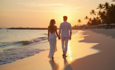 Jeune couple marié main dans la main sur la plage au coucher du soleil