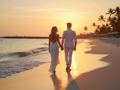 Jeune couple marié main dans la main sur la plage au coucher du soleil