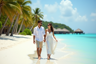 Jeune couple marié marche sur la plage tropicale